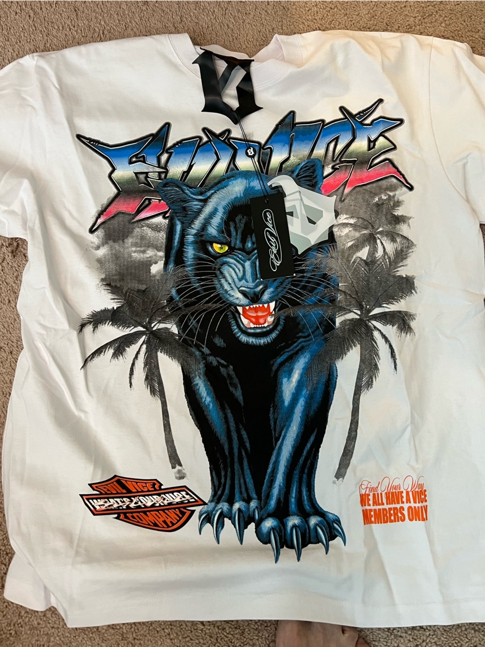 White Short-Sleeve Tee with Blue Panther Graphic